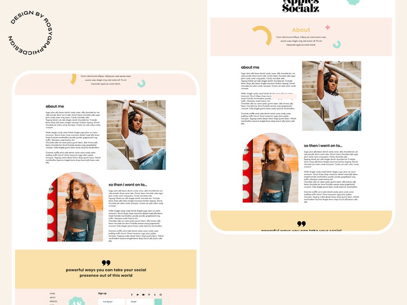 May include: A digital website layout design titled Apples Socialz featuring a light peach background, two photographs of a person, and text sections. The design includes a circular logo, an about section, and a footer with social media icons.