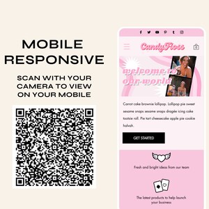 Op de afbeelding: Een mobiel responsief ontwerpconcept met een roze en witte Wix website mockup. De website bevat de tekst "Candy Floss" en "welcome to our world". Een QR-code is inbegrepen voor mobiel bekijken.