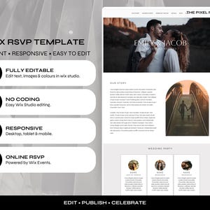 Pode incluir: Um modelo de site Wix RSVP com uma imagem principal de um casal, uma se&ccedil;&atilde;o de hist&oacute;ria com uma foto em arco e uma grade para a festa de casamento. O layout inclui etiquetas de texto para recursos edit&aacute;veis e responsivos.