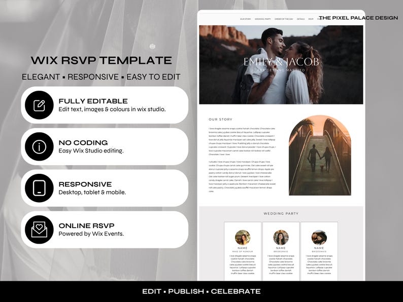 Pode incluir: Um modelo de site Wix RSVP com uma imagem principal de um casal, uma se&ccedil;&atilde;o de hist&oacute;ria com uma foto em arco e uma grade para a festa de casamento. O layout inclui etiquetas de texto para recursos edit&aacute;veis e responsivos.