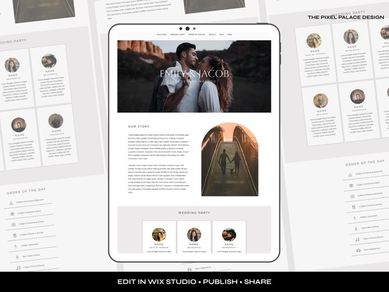 Pode incluir: Um tablet digital exibindo um modelo de site de casamento intitulado Emily & Jacob. A tela apresenta uma imagem principal de um casal, uma se&ccedil;&atilde;o de hist&oacute;ria com texto fict&iacute;cio, uma foto em arco e uma se&ccedil;&atilde;o de festa de casamento.