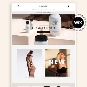 May include: A website interface for Delilah featuring a hero section with white skincare bottles labeled ARO NAH, the text THE CLEAN EDIT, and a SHOP NOW button. Below are two image blocks, one showing a hand holding a product and one with the text NEW.