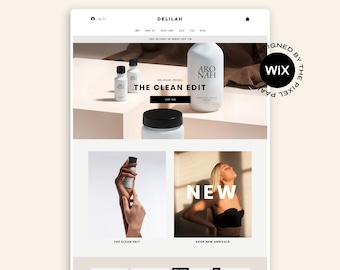 May include: A website interface for Delilah featuring a hero section with white skincare bottles labeled ARO NAH, the text THE CLEAN EDIT, and a SHOP NOW button. Below are two image blocks, one showing a hand holding a product and one with the text NEW.