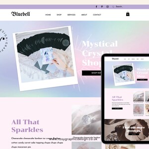 May include: A website homepage for a shop selling crystals and other mystical items. The website features a pink and blue gradient background with the text "Mystical Crystal Shop" in white. The website also features a photo of a deck of tarot cards and a photo of a crystal.