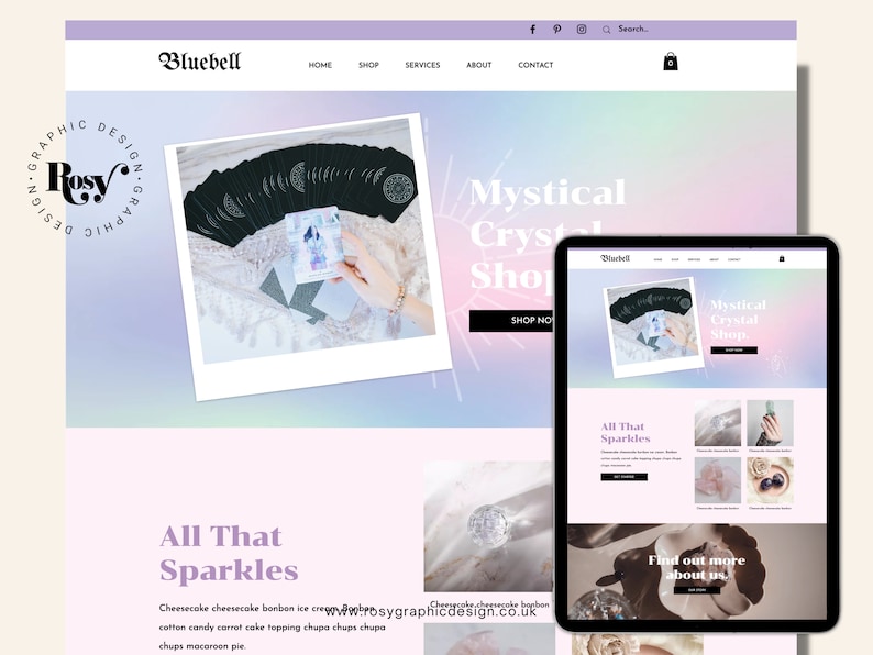 May include: A website homepage for a shop selling crystals and other mystical items. The website features a pink and blue gradient background with the text "Mystical Crystal Shop" in white. The website also features a photo of a deck of tarot cards and a photo of a crystal.