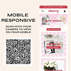 May include: A mobile responsive website template preview featuring a QR code for mobile scanning. The interface displays a pink and white color scheme with sections labeled new season, about us, and homeware, alongside the Wix logo.