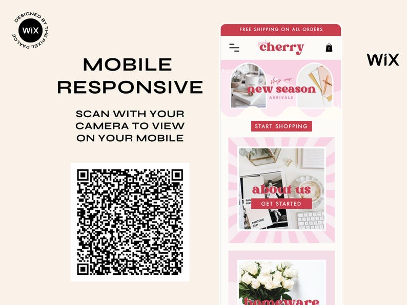May include: A mobile responsive website template preview featuring a QR code for mobile scanning. The interface displays a pink and white color scheme with sections labeled new season, about us, and homeware, alongside the Wix logo.