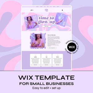 Könnte beinhalten: Ein Wix-Website-Template-Design für kleine Unternehmen, mit einem hellvioletten und rosa Farbschema. Das Design enthält einen Website-Mockup mit dem Text "time to glow up" und Bildern. Der untere Teil des Bildes lautet "Wix Template for Small Businesses".