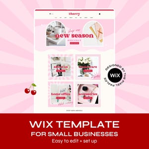 May include: A pink and white website template for small businesses, with the word "cherry" at the top. The template includes sections for "new season arrivals", "about us", "homeware", "home office", and "accessories". The bottom banner reads "WIX TEMPLATE FOR SMALL BUSINESSES".