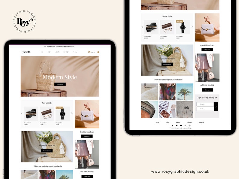 May include: A website homepage for a shop selling handmade bags and accessories. The website features a large image of a straw bag with a tassel, a section for new arrivals, and a section for beautiful handbags. The website also includes a section to follow the shop on Instagram and a section to add your email to the mailing list.