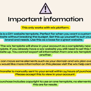 May include: Important information about a DIY website template for the Wix platform. The text explains that the template is for a custom website, can be used as a base for a new website, and includes copyright for one template.