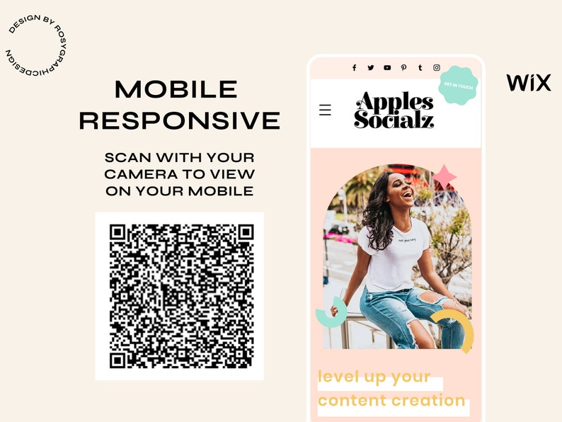 May include: A digital graphic featuring a QR code with the text MOBILE RESPONSIVE SCAN WITH YOUR CAMERA TO VIEW ON YOUR MOBILE. To the right, a mobile phone interface displays the Apples Socialz website with a photo of a person and the text level up your content creation.