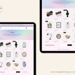 May include: A website homepage for a business called Bluebell. The website features a variety of products, including a pair of glasses, a watch, a scarf, a lamp, a makeup palette, a wooden bowl, and a backpack. The website also includes a section for the business's about page, a contact page, and a keep in touch section.