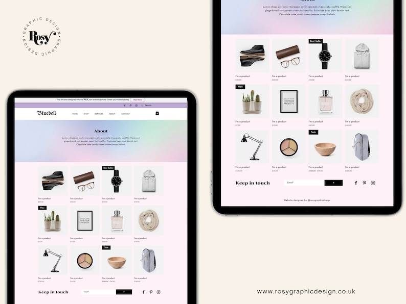 May include: A website homepage for a business called Bluebell. The website features a variety of products, including a pair of glasses, a watch, a scarf, a lamp, a makeup palette, a wooden bowl, and a backpack. The website also includes a section for the business's about page, a contact page, and a keep in touch section.
