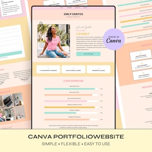 Könnte beinhalten: Eine digitale Lebenslauf-Portfolio-Website-Vorlage mit einem sanften Pfirsich- und Weiß-Farbschema. Das Layout enthält Abschnitte für ein Profilfoto, eine berufliche Zusammenfassung, Kernkompetenzen mit Fortschrittsbalken und Qualifikationen.