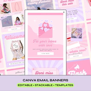 Op de afbeelding: Een verzameling roze en paarse e-mailbanner sjablonen met tekst die zegt "Vul je inbox met liefde" en "Mis deze sale niet". De banners bevatten illustraties van harten, enveloppen en een make-up palet.