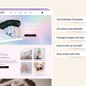 May include: A website homepage for a mystical crystal shop. The website features a pink and purple gradient background with a banner that says "Mystical Crystal Shop" and a button that says "Shop Now". The website also features a section called "All That Sparkles" with a button that says "Get Started".