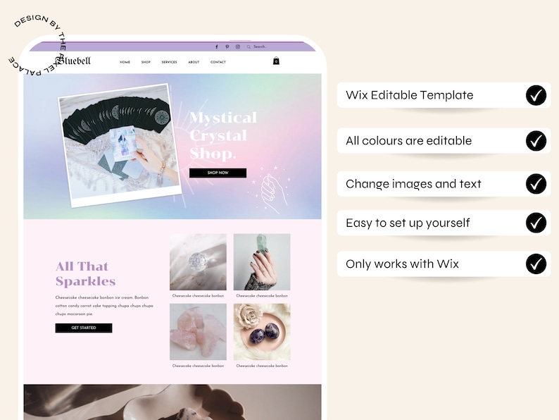 May include: A website homepage for a mystical crystal shop. The website features a pink and purple gradient background with a banner that says "Mystical Crystal Shop" and a button that says "Shop Now". The website also features a section called "All That Sparkles" with a button that says "Get Started".