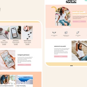 May include: A website template design featuring a soft peach and white color palette. The layout includes sections for strategy, content creation, and photography, with placeholder text, buttons, and images of a person in a white t-shirt.