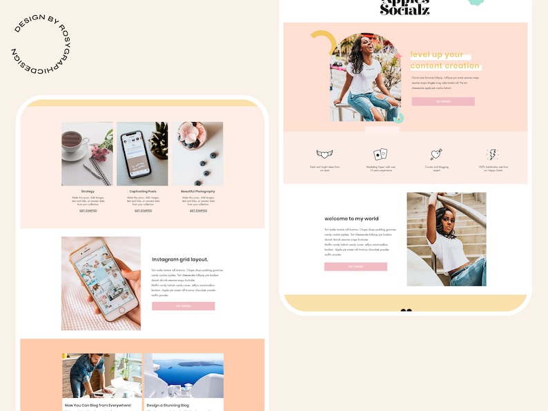 May include: A website template design featuring a soft peach and white color palette. The layout includes sections for strategy, content creation, and photography, with placeholder text, buttons, and images of a person in a white t-shirt.