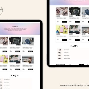 May include: A website for graphic design services with a pink and purple gradient background. The website features a grid of six images of different digital products, each with a price and a "Book Now" button. The website also includes a section for frequently asked questions (FAQs).
