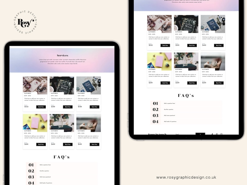 May include: A website for graphic design services with a pink and purple gradient background. The website features a grid of six images of different digital products, each with a price and a "Book Now" button. The website also includes a section for frequently asked questions (FAQs).