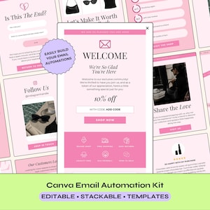 May include: A digital Canva email automation kit featuring multiple editable templates with a pink and white color scheme. The central template displays a welcome message, a 10% off discount code, and various icons for secure shopping, free shipping, and returns.
