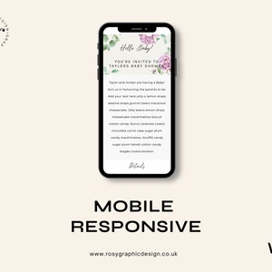 May include: A mobile phone screen displaying a baby shower invitation with a floral design. The invitation reads "Hello Baby! You're invited to Taylor's Baby Shower".