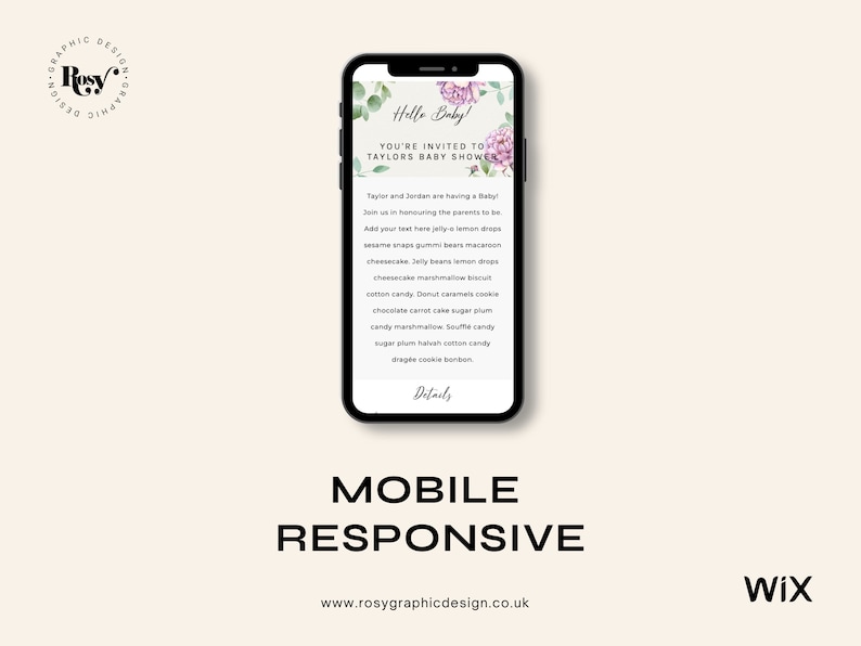 May include: A mobile phone screen displaying a baby shower invitation with a floral design. The invitation reads "Hello Baby! You're invited to Taylor's Baby Shower".