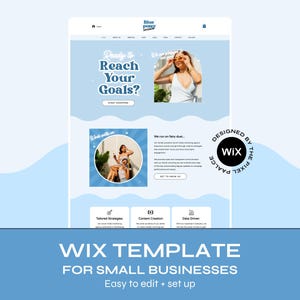 May include: A light blue website template for small businesses. The website design includes the text "Ready to Reach Your Goals?" and images of people. The template is easy to edit and set up.
