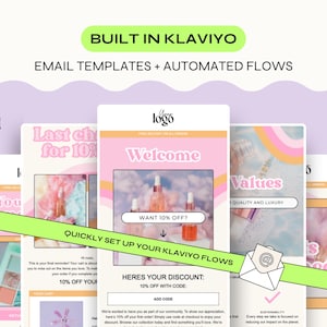 Klaviyo Flow クイックセットアップ、カート放棄用の編集可能なメールテンプレート、ウェルカムフローなど。ピンクと黄色