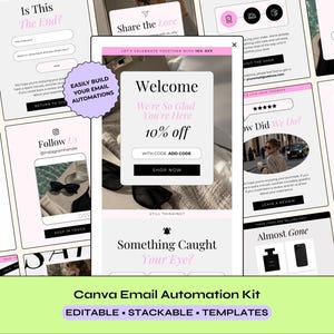 May include: A digital collection of Canva email automation templates featuring a central welcome pop-up with pink and black text, including sections for discount codes, social media follow prompts, customer feedback, and product showcases.
