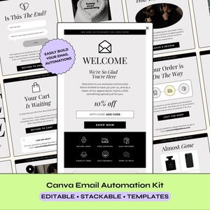 Könnte beinhalten: Eine digitale Sammlung von schwarz-weißen E-Mail-Marketing-Vorlagen mit verschiedenen Layouts, darunter Willkommensnachrichten, Warenkorb-Erinnerungen und Bestell-Updates, mit Textelementen wie Welcome, Your Cart Is Waiting und 10% off.