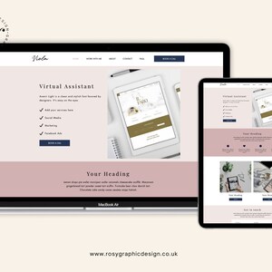 May include: A website screenshot showing a virtual assistant service. The website is designed in a light pink and white color scheme with a gold accent. The text on the website reads "Virtual Assistant" and "Your Heading".