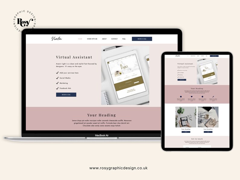 May include: A website screenshot showing a virtual assistant service. The website is designed in a light pink and white color scheme with a gold accent. The text on the website reads "Virtual Assistant" and "Your Heading".