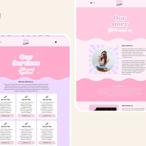 May include: Pink and white website design with the text "Our Services" and "Let's work together!" in a pink and white bubble font. The website features a pink and white colour scheme with a wavy design. The website also includes the text "Why you will love us" and "Get to know us".