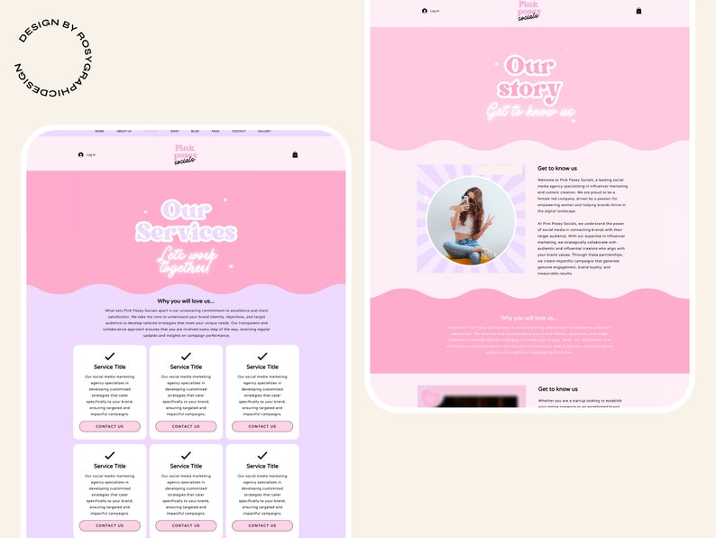 May include: Pink and white website design with the text "Our Services" and "Let's work together!" in a pink and white bubble font. The website features a pink and white colour scheme with a wavy design. The website also includes the text "Why you will love us" and "Get to know us".