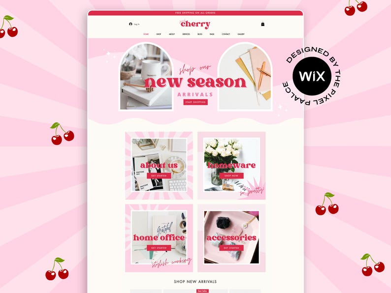 May include: A pink and white website design with the word "cherry" at the top. The website showcases new season arrivals, with sections for "about us," "homeware," "home office," and "accessories." The design is created by Wix.