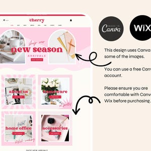May include: A website design with a pink and white color scheme. The website features the word "cherry" in a script font. The design includes sections for "shop our new season arrivals", "about us", "homeware", "home office", and "accessories". The design uses Canva and Wix.