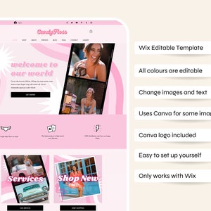 Op de afbeelding: Een roze en witte website template met de tekst "Candy Floss" bovenaan. Het ontwerp bevat de tekst "welcome to our world" en de woorden "Services" en "Shop New". De template is voor Wix en bevat bewerkbare functies.