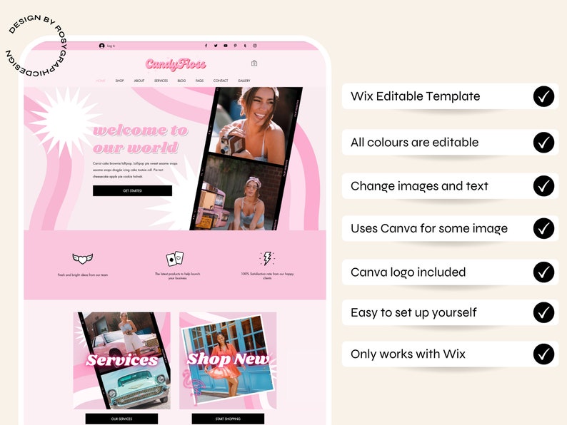 Op de afbeelding: Een roze en witte website template met de tekst "Candy Floss" bovenaan. Het ontwerp bevat de tekst "welcome to our world" en de woorden "Services" en "Shop New". De template is voor Wix en bevat bewerkbare functies.