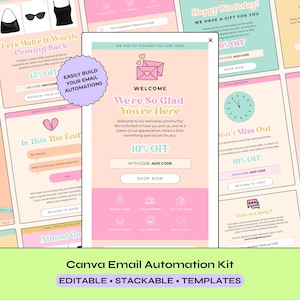 May include: A digital email automation template kit featuring a central welcome email design with pastel pink, peach, and teal color blocks. The layout includes text, icons, and a circular badge that reads EASILY BUILD YOUR EMAIL AUTOMATIONS.
