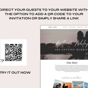 May include: A screenshot of a website with a QR code and the text "Billie & Ashley are getting married." The website is designed for wedding invitations and includes a section for the couple's story.