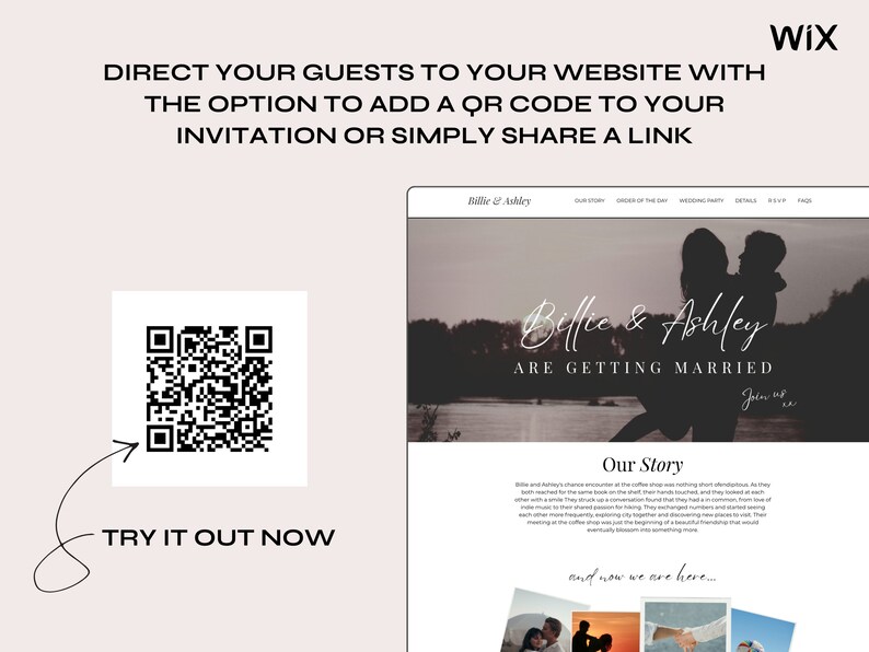 May include: A screenshot of a website with a QR code and the text "Billie & Ashley are getting married." The website is designed for wedding invitations and includes a section for the couple's story.