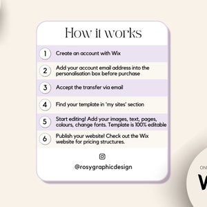 May include: A purple and white graphic with the text "How it works" and a numbered list of steps for creating a website using Wix. The steps include creating an account, adding an email address, accepting a transfer, finding a template, editing the template, and publishing the website. The graphic also includes the text "@rosygraphicdesign" and "ONLY WORKS WITH Wix".