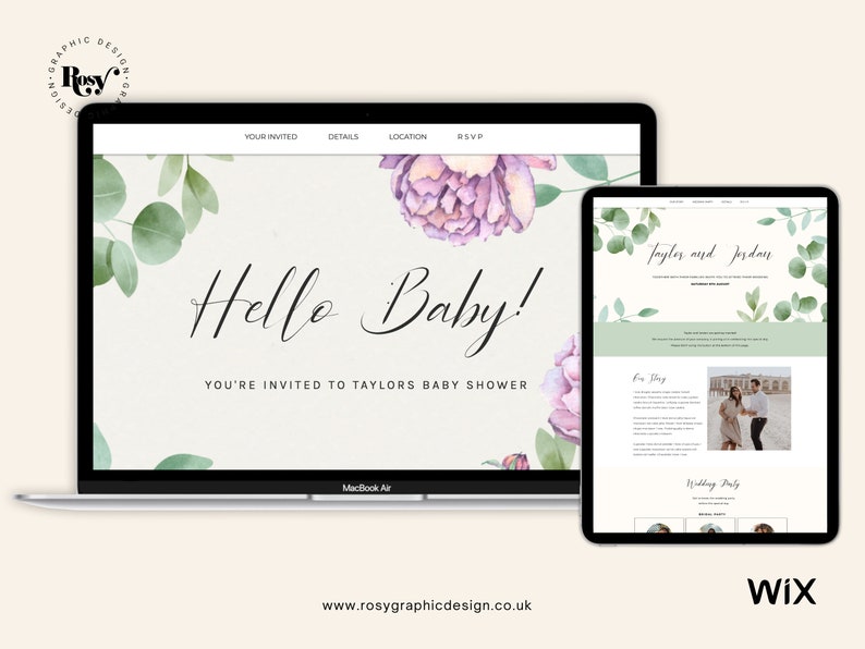May include: A website mockup for a baby shower invitation. The website features a floral design with the text "Hello Baby!" and "You're invited to Taylor's Baby Shower".