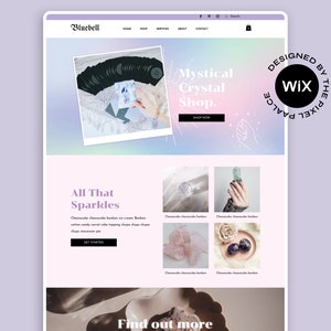 May include: Website homepage for a mystical crystal shop called Bluebell. The website features a variety of crystals, including amethyst, rose quartz, and green aventurine. The website also features a section on tarot cards. The website is designed by Wix.