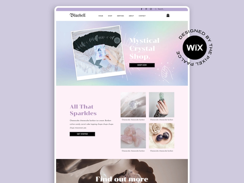 May include: Website homepage for a mystical crystal shop called Bluebell. The website features a variety of crystals, including amethyst, rose quartz, and green aventurine. The website also features a section on tarot cards. The website is designed by Wix.