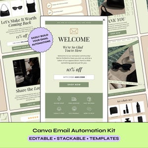 May include: A digital collection of editable email automation templates featuring a sage green and cream colour palette. The central template displays the text WELCOME, We're So Glad You're Here, 10% off, and a button labelled SHOP NOW.