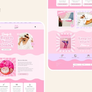 May include: A pink website with the text "Ready to Reach Your Goals?" and a woman eating a doughnut. The website also has a section titled "We run on fairy dust..." with information about the company's services. The website has a pink and white colour scheme and a playful design.